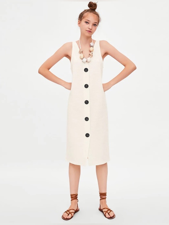 Zara Dresses & Skirts - Zara Trafaluc Cream Textured Button Front Sleeveless Dress Size Large